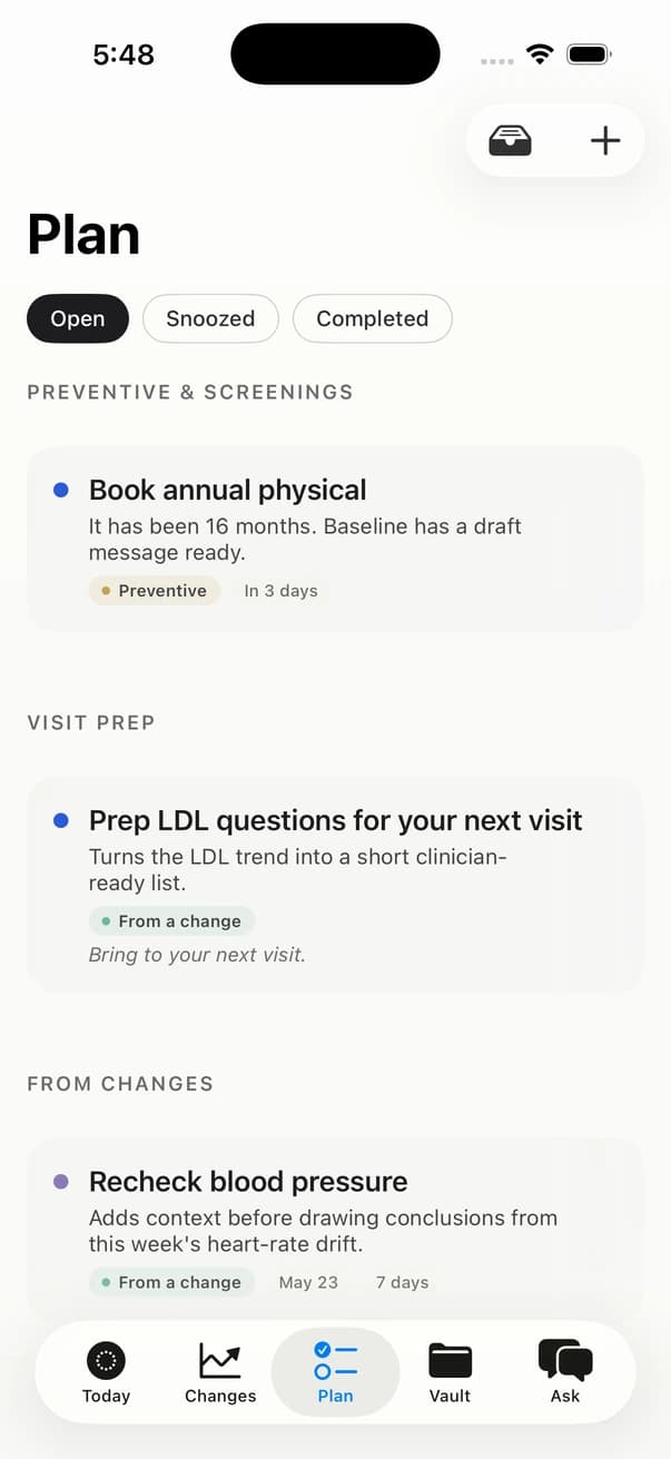 Baseline Plan screen