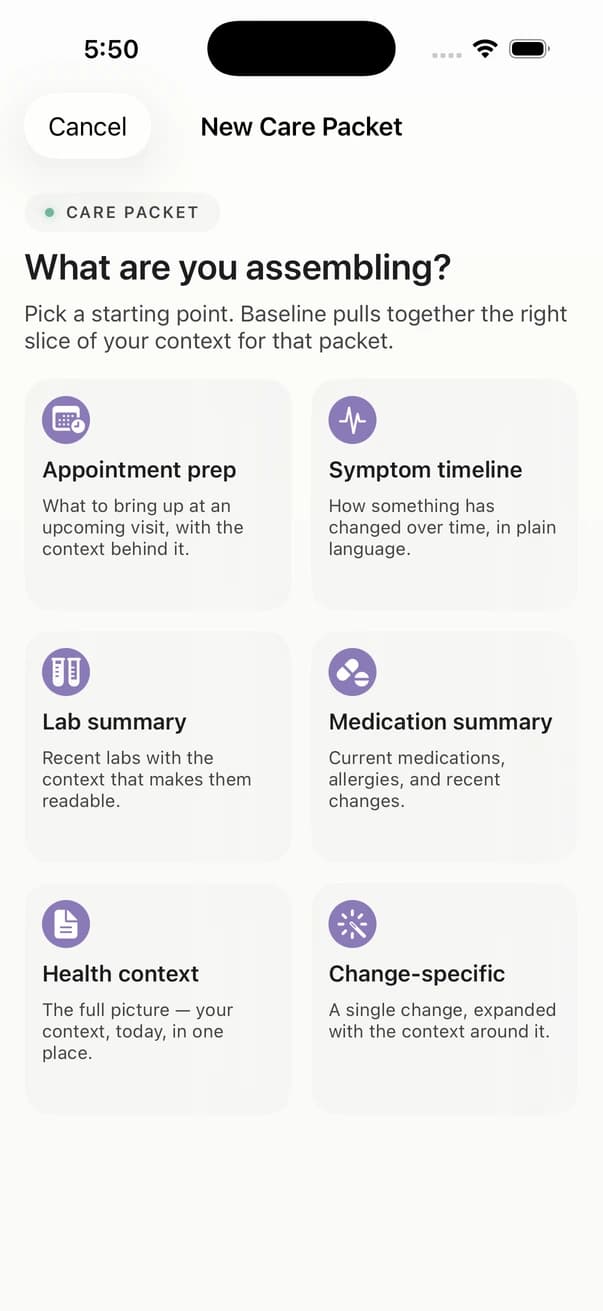 Laymen Baseline Care Packet screen for appointment prep